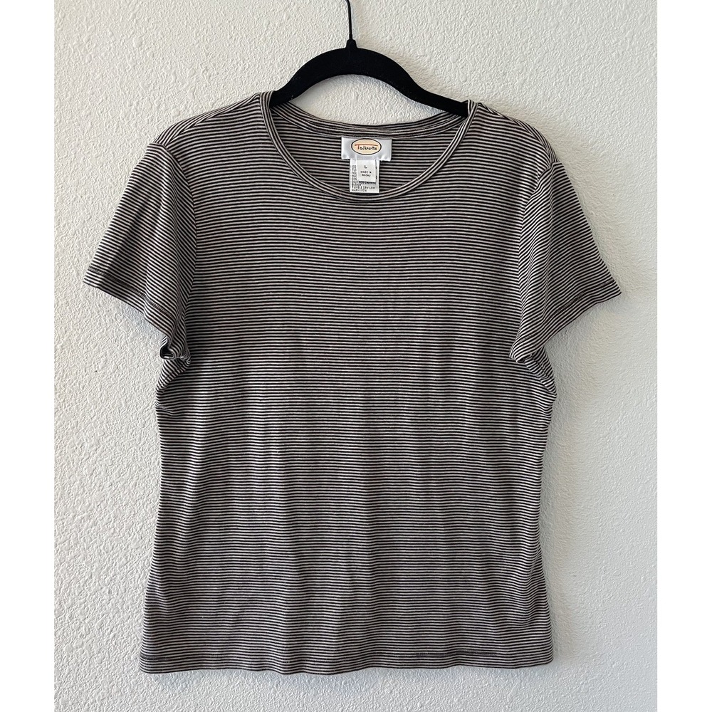 Vintage Talbots Women's T-shirt Size Large Striped 100% Pima Cotton Short Sleeve